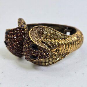 Yuhong Cobra Snake Rhinestone Bracelet Cuff Brown Gold Tone Clamper Statement